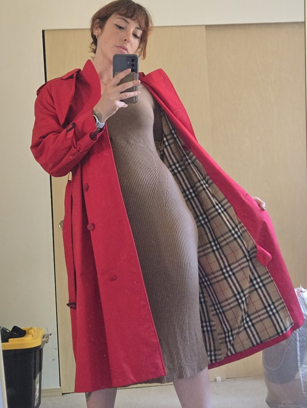 vintage red Burberry Gabardine Double Breasted Plaid Lining trench coat - Picture 10 of 14